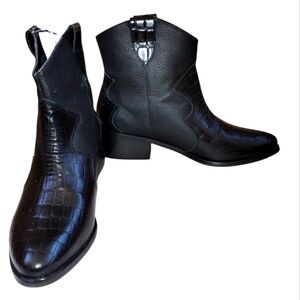 Kaanas Black Leather Cowboy Bootie Croc Emboss 6 Brazil Newcastle nwot